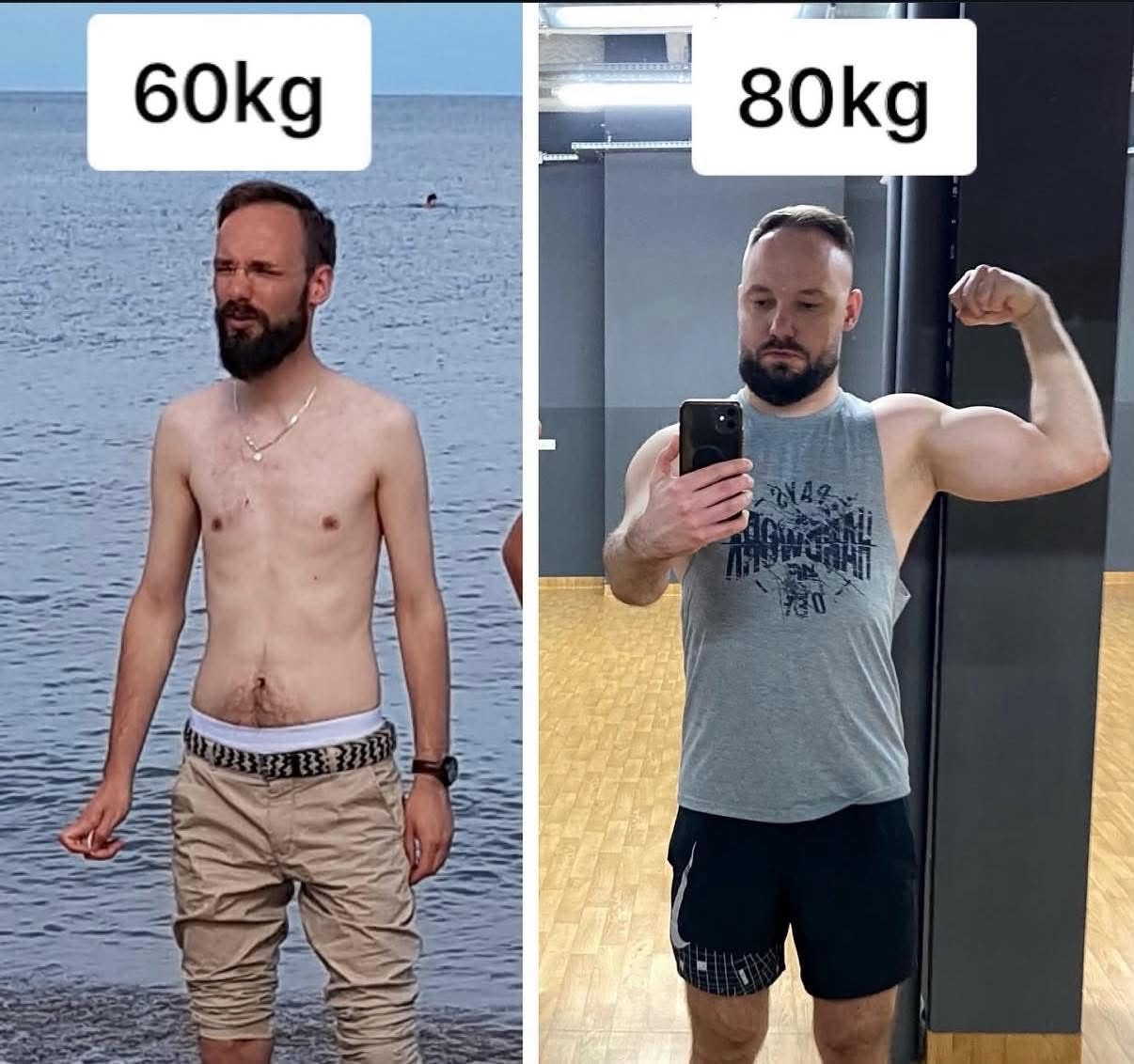 Metamorfoza podopiecznego, przybranie na wadze z 60 kg do 80 kg pod okiem trenera personalnego