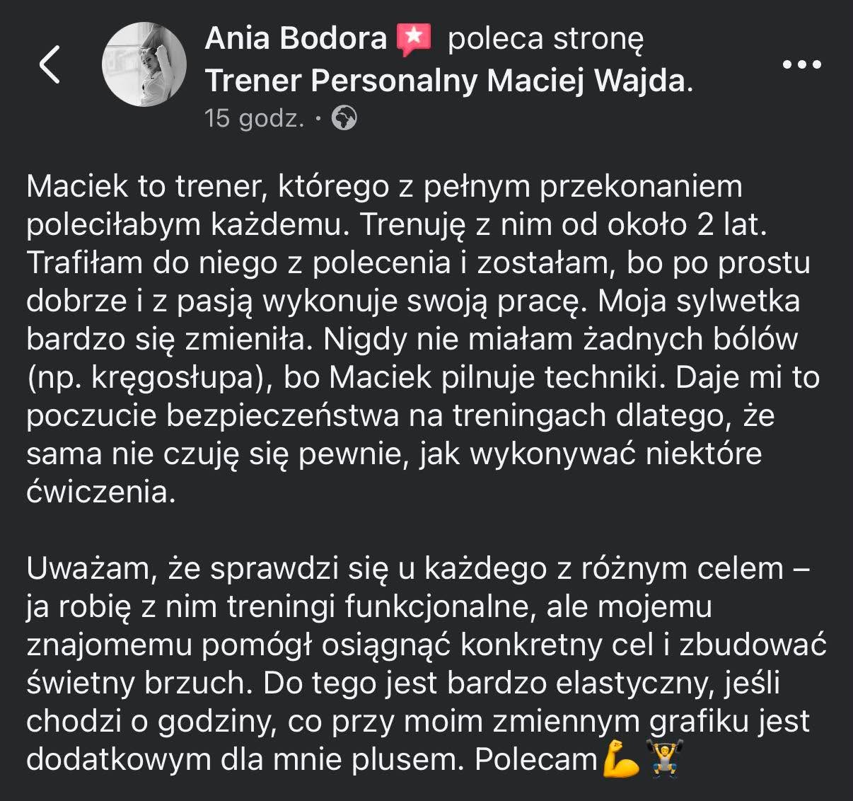 Opinia: Ania Bodora poleca Macieja Wajdę, 2 lata treningów funkcjonalnych, brak bólów dzięki pilnowaniu techniki